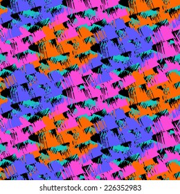 Grunge hand painted abstract pattern with bold textured brushstrokes with ethnic and tribal motifs in bright various colors black, orange, turquoise, pink. Seamless vector for winter fall fashion