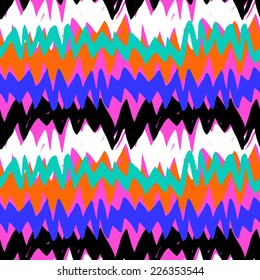 Grunge hand painted abstract pattern with brushstrokes and zigzag lines with ethnic and tribal motifs in bright various colors black, white, blue, pink, orange. Seamless vector for winter fall fashion