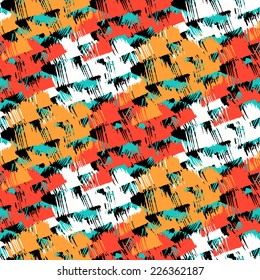 Grunge hand painted abstract pattern with bold textured brushstrokes in bold bright various colors, black, red, orange, turquoise, white. Seamless vector for winter fall fashion