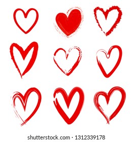 Grunge Hand Painted Love Hearts Isolated on White Background. Vector Illustration