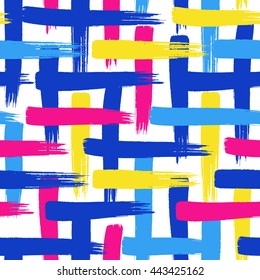 Grunge hand painted pattern with bold brush strokes. Hot pink,  yellow, blue colors. Retro 80s - 90s style. Tartan