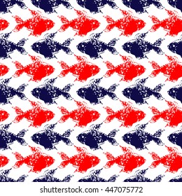 Grunge hand painted red and blue fishes stripe on white seamless pattern, vector