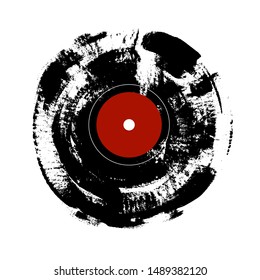 Grunge hand painted Vinyl recording object. Black and red colors. Symbol for musical poster for your design. Element design for card, invitation, flyer, festival. Vector illustration
