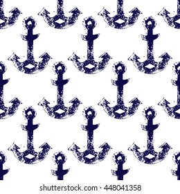 Grunge hand printed anchors in navy blue and white seamless pattern, vector background
