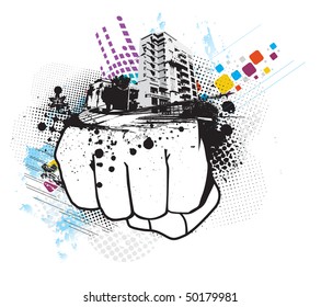 grunge hand punch with urban city background,vector illustration