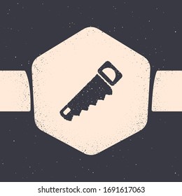 Grunge Hand saw icon isolated on grey background. Monochrome vintage drawing. Vector Illustration