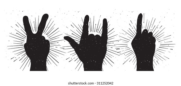 Grunge hand sign silhouettes: peace, rock and indication