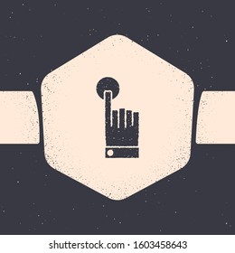 Grunge Hand touch and tap gesture icon isolated on grey background. Click here, finger, touch, pointer, cursor, mouse symbol. Monochrome vintage drawing. Vector Illustration