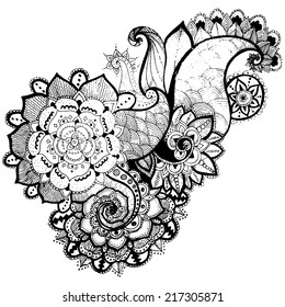 Grunge Hand-Drawn Abstract Henna Mehndi Flowers and Paisley Doodle Vector Illustration Design Element.