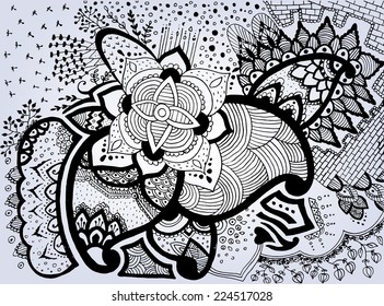 Grunge Hand-Drawn Abstract Henna Mehndi Flowers and Paisley Doodle Vector Illustration Design Element. Modern Mandala Hand Drawn Doodle Art