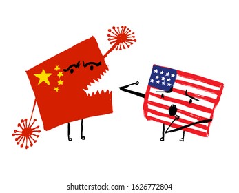 Grunge hand-drawn illustration of two cartoon characters - USA and China flags. In the hands of Chinese flag dangerous virus. 