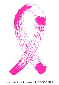 Grunge Hand-Drawn Ink Ribbon Element. Pink doodle hand-drawn symbol. Breast cancer awareness pink ribbon icon. Vector illustration or logo for postcard or poster.