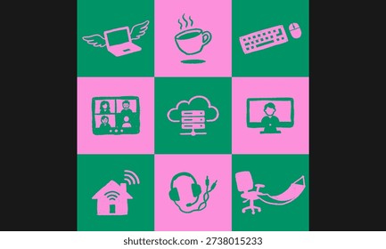 A grunge, hand-drawn vector icon set illustrating modern remote work themes: video conferencing, cloud computing, home office setup, connectivity, and work-life balance. Featuring a vibrant pink and green duotone color palette.