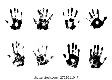 Grunge handprint vector set with distressed ink texture in black style. Perfect for crime scenes, forensic concepts, protest art, horror themes and abstract design backgrounds.