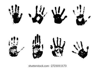 Grunge handprint vector set with distressed ink texture in black style. Ideal for forensic concepts, crime scenes, protest art, horror themes and abstract backgrounds.