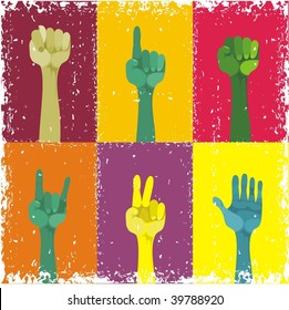 grunge hands up, different gestured, different colours