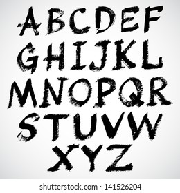 Grunge handwritten alphabet, isolated on white background.