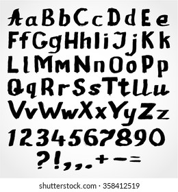 Grunge Handwritten black watercolor alphabet with numbers and symbols Isolated on White Background. Vector illustration.