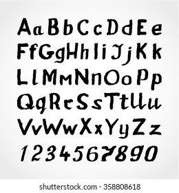 Grunge Handwritten black watercolor alphabet with numbers and symbols Isolated on White Background. Vector illustration.