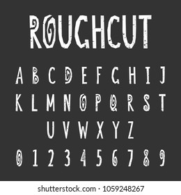 Grunge handwritten paper cut font for title, header, lettering, logo, banners, art and craft design. Uppercase regular display letters and numbers cut out by scissors from paper. Vector illustration.