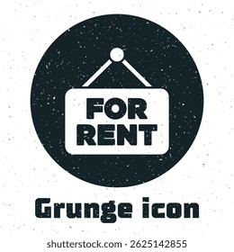 Grunge Hanging sign with text For Rent icon isolated on white background. Signboard with text For Rent. Monochrome vintage drawing. Vector