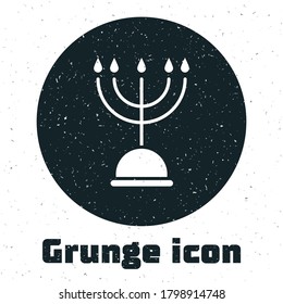 Grunge Hanukkah menorah icon isolated on white background. Hanukkah traditional symbol. Holiday religion, jewish festival of Lights. Monochrome vintage drawing. Vector Illustration