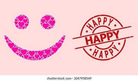 Grunge Happy badge, and pink love heart collage for happy smile. Red round badge contains Happy tag inside circle. Happy smile collage is constructed from pink valentine icons.
