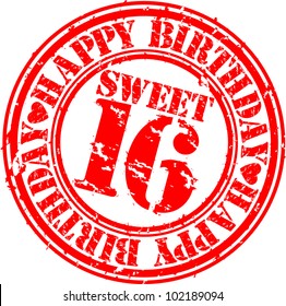 Grunge Happy Birthday Sweet 16 Rubber Stamp, Vector Illustration