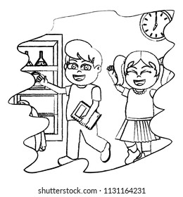 grunge happy children students with book in the classroom