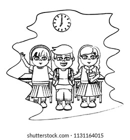 grunge happy students with school utensils in the classroom