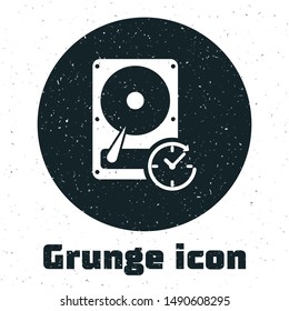Grunge Hard disk drive with clockwise sign, data recovery icon isolated on white background.  Vector Illustration