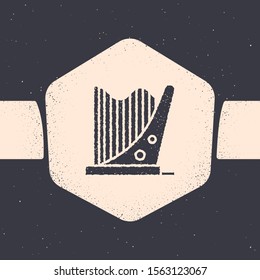 Grunge Harp icon isolated on grey background. Classical music instrument, orhestra string acoustic element. Monochrome vintage drawing. Vector Illustration