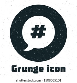 Grunge Hashtag speech bubble icon isolated on white background. Concept of number sign, social media marketing, micro blogging.  Vector Illustration
