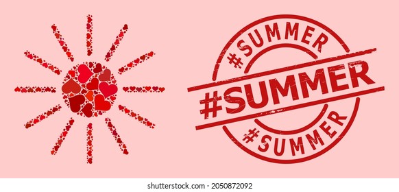 Grunge hashtag Summer stamp seal, and red love heart mosaic for sun. Red round stamp seal contains hashtag Summer title inside circle. Sun collage is made with red valentine items.