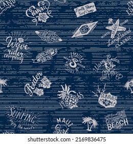 Grunge Hawaiian Surfing Elements With Striped Background Abstract Vector Seamless Pattern