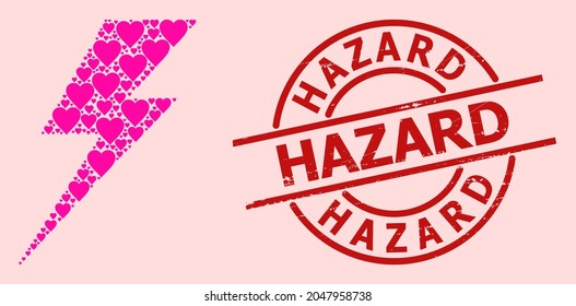 Grunge Hazard seal, and pink love heart collage for electric strike. Red round seal contains Hazard caption inside circle. Electric strike collage is composed with pink wedding symbols.