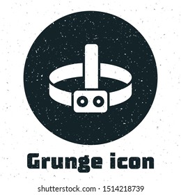 Grunge Head flashlight icon isolated on white background. Tourist head flashlight. Camping head light.  Vector Illustration