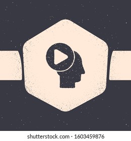 Grunge Head people with play button icon isolated on grey background. Monochrome vintage drawing. Vector Illustration