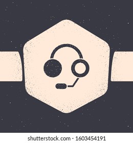 Grunge Headphones icon isolated on grey background. Earphones. Concept for listening to music, service, communication and operator. Monochrome vintage drawing. Vector Illustration