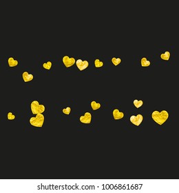 Grunge heart background for Valentines day with gold glitter. February 14th day. Vector confetti for grunge heart background. Hand drawn texture. Love theme for voucher, special business ad, banner.