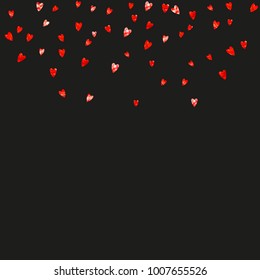 Grunge heart background for Valentines day with red glitter. February 14th day. Vector confetti for grunge heart background. Hand drawn texture. Love theme for flyer, special business offer, promo.