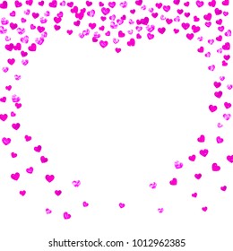 Grunge heart background for Valentines day with red glitter. February 14th day. Vector confetti for grunge heart background. Hand drawn texture. Love theme for voucher, special business ad, banner.