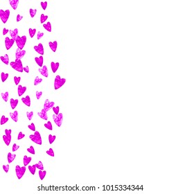 Grunge heart background for Valentines day with pink glitter. February 14th day. Vector confetti for grunge heart background. Hand drawn texture. Love theme for flyer, special business offer, promo.