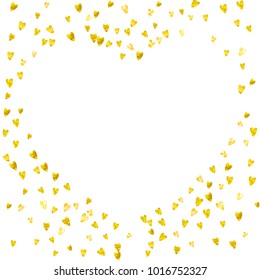 Grunge heart background for Valentines day with gold glitter. February 14th day. Vector confetti for grunge heart background. Hand drawn texture. Love theme for gift coupons, vouchers, ads, events.