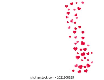 Grunge heart background for Valentines day with red glitter. February 14th day. Vector confetti for grunge heart background. Hand drawn texture. Love theme for flyer, special business offer, promo.
