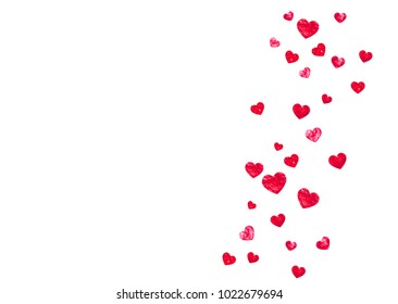 Grunge heart background for Valentines day with red glitter. February 14th day. Vector confetti for grunge heart background. Hand drawn texture. Love theme for poster, gift certificate, banner.