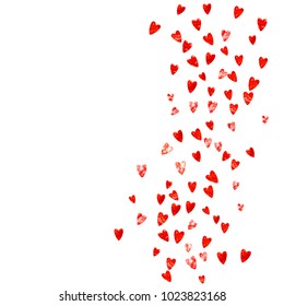 Grunge heart background for Valentines day with red glitter. February 14th day. Vector confetti for grunge heart background. Hand drawn texture. Love theme for gift coupons, vouchers, ads, events.