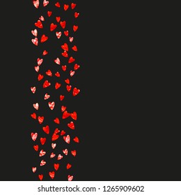 Grunge heart background for Valentines day with red glitter. February 14th day. Vector confetti for grunge heart background. Hand drawn texture. Love theme for poster, gift certificate, banner.