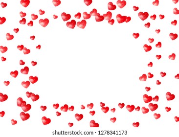 Grunge heart background for Valentines day with red glitter. February 14th day. Vector confetti for grunge heart background. Hand drawn texture. Love theme for voucher, special business ad, banner.