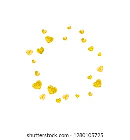 Grunge heart background for Valentines day with gold glitter. February 14th day. Vector confetti for grunge heart background. Hand drawn texture. Love theme for poster, gift certificate, banner.